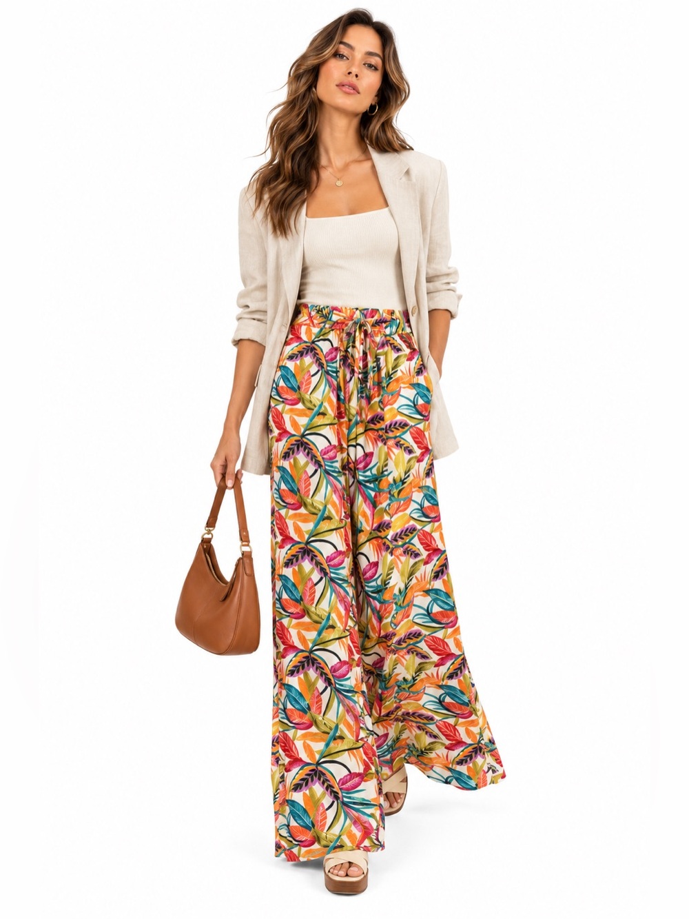 Caribbean Joe Tropical Leaf Print Wide-Leg Tulip Wrap Pants – Size Small EUC